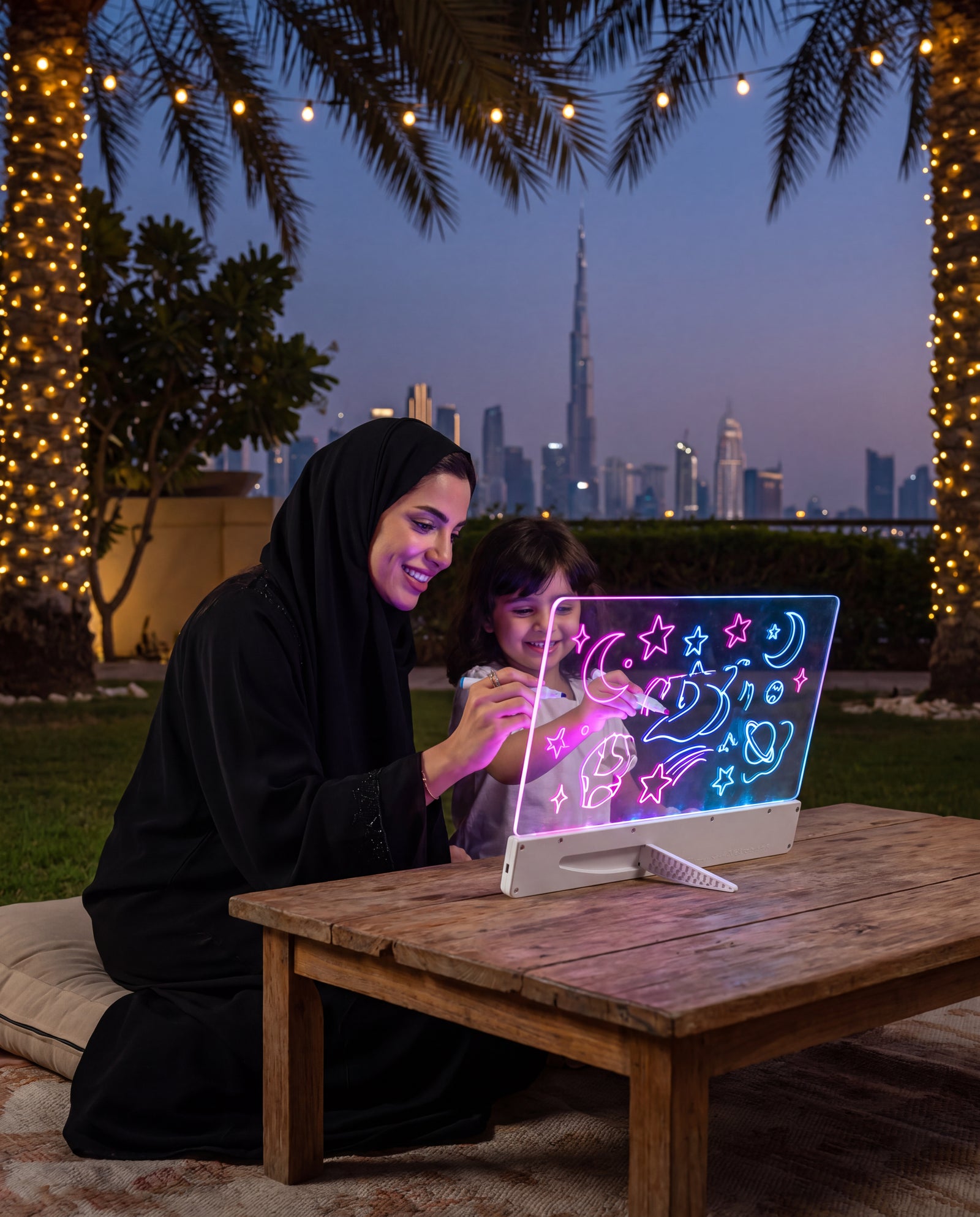 Mother and child drawing together on the illuminated Meshkat Glow Board